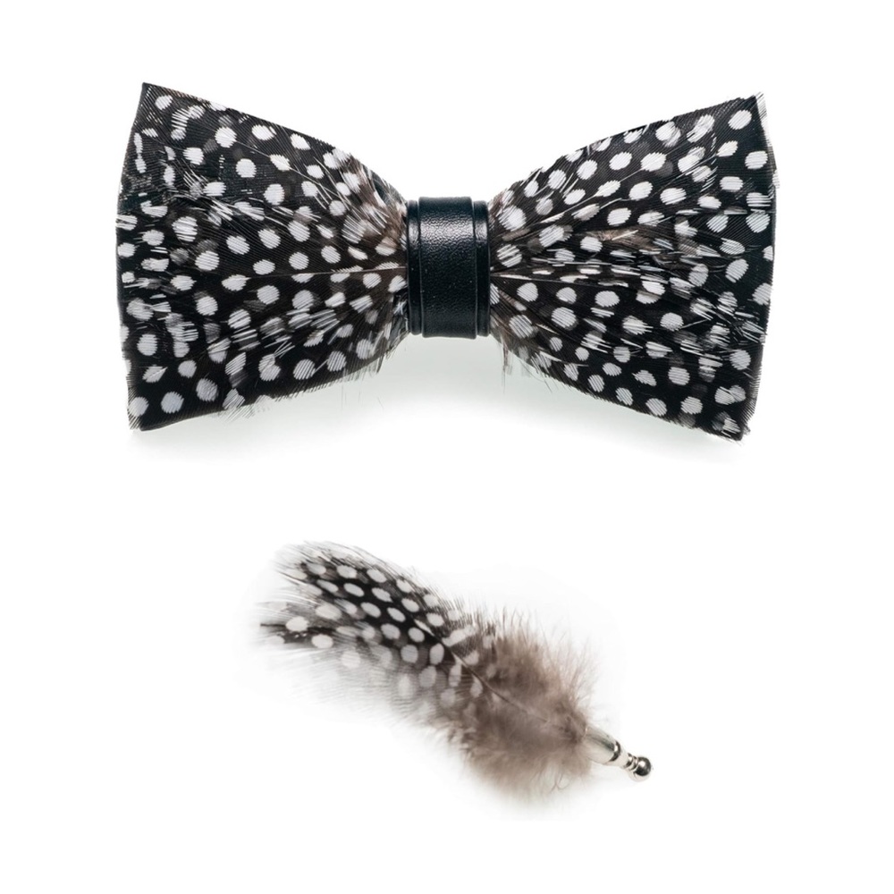 Men’s Polka Dot Feather Pre Tied Bow Tie and Matching Lapel Gift Box Set Black